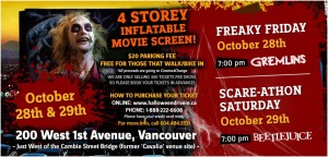 Halloween Drive-in Advertisement for outdoor movies in Southast False Creek. Gremlins and Beetlejuice