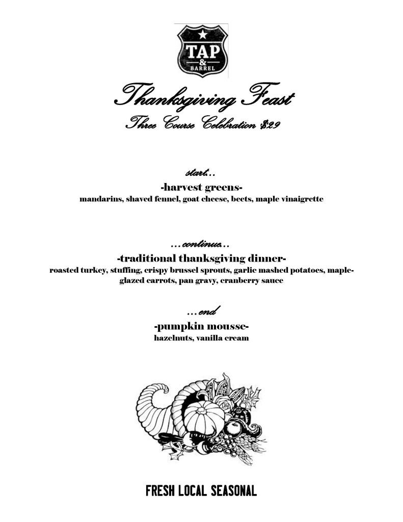 Tap and Barrel  2013 Thanksgiving Dinner Menu 